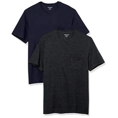 Imagen de Amazon Essentials Camiseta de Manga Corta con Bolsillo, Cuello Redondo y Corte Recto Hombre, Pack 2, Azul Marino/Carbón Mezcla, XS