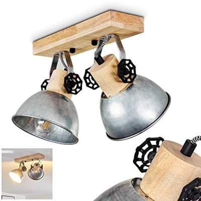 Imagen de lámpara de techo Orny, metal/madera en zinc/marrón, 2 luces, con focos ajustables, x casquillo E27, foco diseño retro/vintage, sin bombilla(s)