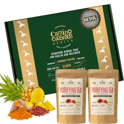 Imagen de CAJA INFUSIONES REGALO DETOX Té Depurativo &amp; Diurético Vientre Plano, Infusión Drenante, Te Verde, Cola de Caballo, Diente León, Cúrcuma, Jengibre, Menta, Bayas Goji, Piña, 2 PACK x 100g