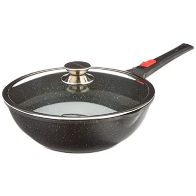 Imagen de Kamberg Wok 30 cm, mango extraíble, aluminio fundido, revestimiento tipo piedra, tapa de cristal, todo fuentes calor, incluida la inducción, sin PFOA