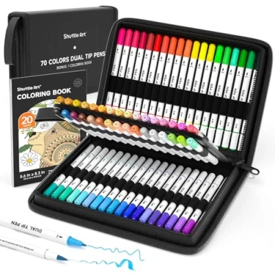 Imagen de Shuttle Art Rotuladores Lettering, 70 Colores Doble Punta con 1 Libro para Colorear, Pincel Estuche, Acuarelables Caligrafía Colorear Garabatear