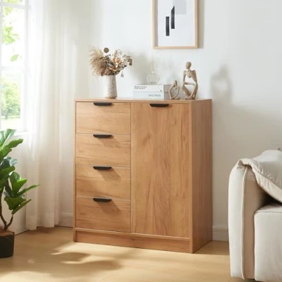 Imagen de [en.casa] Cajonera para Salón Mueble Versátil Aparador con 4 Cajones y 1 Puerta de Estilo Atemporal Dormitorio Sala Estar Recibidor MDF 90 x 80 40 cm Roble