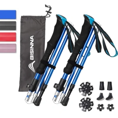 Imagen de BISINNA Bastones de Senderismo Trekking Plegables 2pcs Marcha Nordica Aleación Aluminio y EVA Mango para Alpinismo Trail Viaje (115 135cm, Azul)