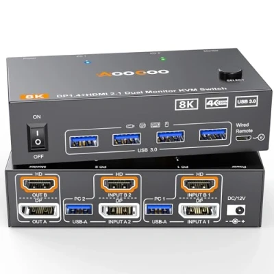 Imagen de Dual Monitor KVM Switch HDMI DP 2 puertos 8K@60Hz/4K@144Hz,KVM monitores para ordenadores comparten y 4 concentradores USB 3.0, controlador de escritorio cable incluido