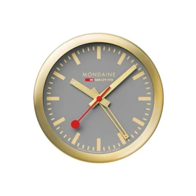 Imagen de Mondaine Mini Reloj de Pared y Despertador con Carcasa Aluminio Dorado, Esfera Gris, diámetro: 12,5 cm, A997.MCAL.86SBG