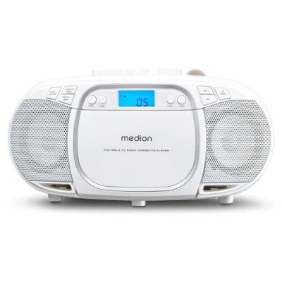 Imagen de MEDION E66476 Sistema de sonido estéreo (Boombox, reproductor CD, MP3, casete, casete portátil para niños, radio FM, AUX, auriculares, red y batería) blanco