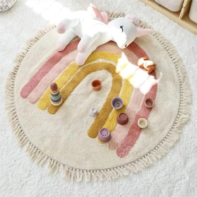Imagen de ZOYIEP Alfombra infantil con arco iris, redonda, para habitación infantil, lavable, antideslizante, grande, color rosa, 60 x cm