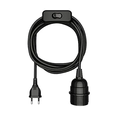Imagen de ledscom.de cable textil LEKA, enchufe, interruptor, negro, 3 m, portalámparas, 1x E27 máx. 60W, Led, Diy, lámpara de pared, E27, textil, colgante, enchufe