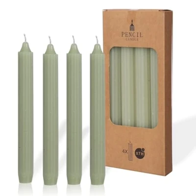 Imagen de COMFORDER Juego de 4 velas mesa monocromáticas + acanaladas, 20 cm, 7 horas combustión, sin perfumar (verde claro)