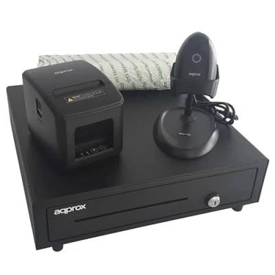 Imagen de Approx Pack TPV CAJÓN+Impresora+Lector CÓDIGOS Barras+Paquete 8 Rollo 80X60 (CASH01+POS80AM USB+LS11AS+PAQ.8 Rollos 80X60, Negro)