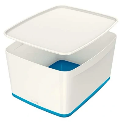 Imagen de Leitz MyBox Grande con tapa, Caja de almacenaje para casa o la oficina, 18 litros, A4, Blanco/Azul metalizado, Plástico brillante, 52161036