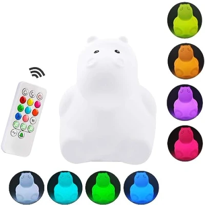 Imagen de Tekemai Luz Nocturna Infantil, de Noche Bebé, Lámpara Mesa,lámpara cabecera silicona,9 colores con control remoto,lámpara LED recargable USB para Dormitorio/Regalo niños (Hipopótamo)
