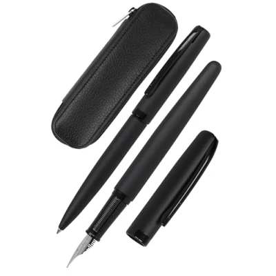 Imagen de Online Juego de escritura Eleganza Pure Black I contiene bolígrafo, pluma estilográfica y estuche piel auténtica, 3 piezas, en caja regalo, para cartuchos estándar, Kulli con