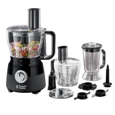 Imagen de Russell Hobbs Procesador de Alimentos Matte Black Cuchilla Acero Inoxidable, Disco Corte y Rallado, Amasador, para Cremas, Jarra Batidora 1,5L, 2 Velocidades, Función Pulse, Negro 24732 56