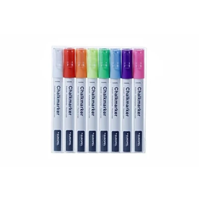 Imagen de Europel Rotulador de tiza 3 mm, varios colores, estuche PVC, paquete 8 unidades, rojo, morado, azul, naranja, rosa, amarillo, verde, blanco, punta redonda reversible y biselada