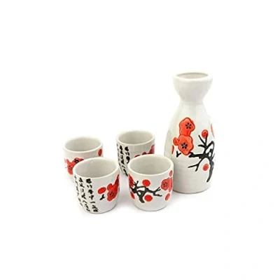 Imagen de lachineuse Servicio de Sake Flores Cerezo con 4 Cuencos &amp; Jarra Vasos Japoneses Regalo Vajilla Asiática China Tradicional Porcelana Floral Japón Blanco Rojo