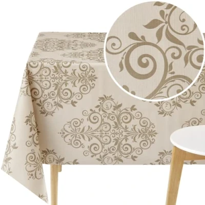 Imagen de KP HOME Mantel Hule Mesa Rectangular 200x140 Patrón de Damasco Beige PVC Estilo Barroco Elegante Impermeable Plastificado Hules para Mesas Lavable Plastico Facil Limpiar 140x200 2m