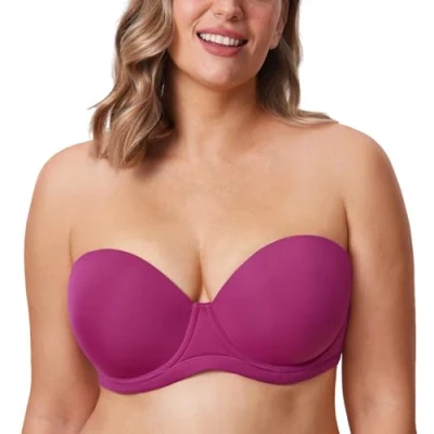 Imagen de DELIMIRA Sujetador sin Tirantes con Aros Tallas Grandes Invisible Multiposicion para Mujer Magenta Púrpura 105E