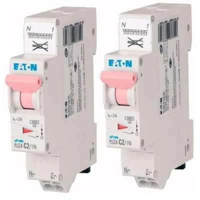 Imagen de EATON 109125 PLGC4 C2/1N DISYONCTOR MODULAR PH/N Blanco MANETA ROSA 1P+N/2 A CURVA C Conexión directa sin tornillos 2 disyuntores