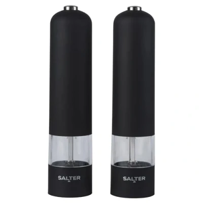 Imagen de Molinillos electrónicos de sal y pimienta Salter 7524 BKXRUP, funcionamiento con una mano, acabado goma suave al tacto, mecanismo cerámica, base iluminada, negro mate