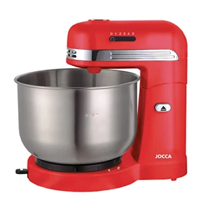 Imagen de JOCCA Batidora amasadora respostería 350W con autorrotacion por friccion, 5 velocidades, bowl de acero inoxidable 3&#039;5L, Amasa, Bate, Emulsiona, Varillas y mezclador cromos (rojo)