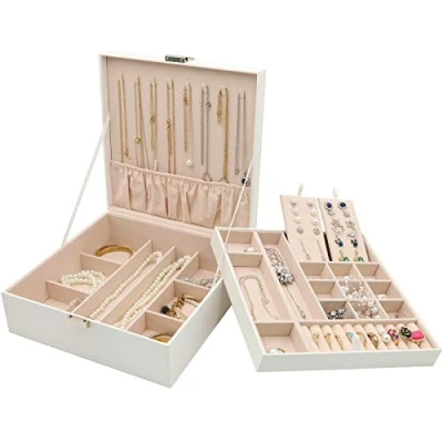 Imagen de Procase Caja Organizadora de Joyas, Almacena Collar Pendientes Pulseras Anillos y Otros Accesorios, Estuche Grande Joyero Cuero PU Doble Capa Apilable para Mujer Niña Dama Novia Amiga Blanco