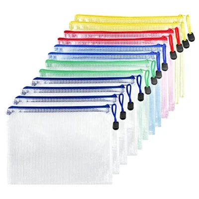 Imagen de Fousenuk 12 Piezas Bolsas Impermeable de Malla para Archivo Documentos A4, Plastico con Cierre Cremallera Zip Recibos, Oficina, Viaje, Escolar, 5 Colores