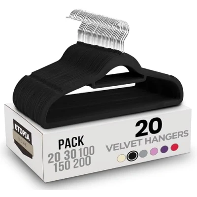 Imagen de Utopia Home Perchas de Terciopelo para Trajes con Tie Bar Antideslizantes (Paquete 20, Negro)