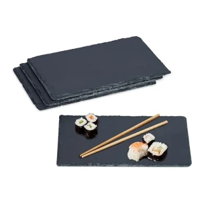 Imagen de Relaxdays Placa 26 x 16 cm en Juego de 4 Unidades Set Platos Pizarra, para Servir y Escribir, Buffet, Bandeja Piedra Rectangular, Antracita, Gomaespuma
