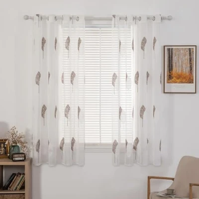 Imagen de MIULEE Cortinas de Salon Modernas con Bordado Hojas, Dormitorio Translucidas 2 Piezas Ojales, Decorativas Visillos para Ventanas Habitacion (2X A140 x L175 cm, Hojas Blancas y Café)