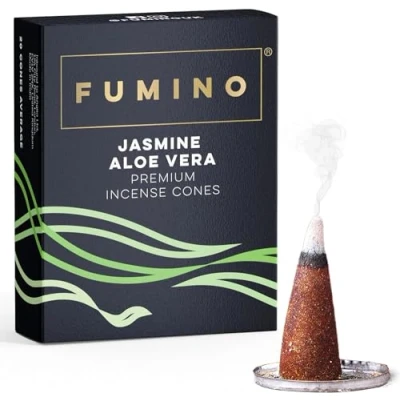Imagen de Fumino® Jazmín Aloe Vera Conos de Incienso Fresco 20 por Caja Fragancia Humo Masala Agarbatti para la Relajación, Meditación, Antiestrés Decoración Hogar