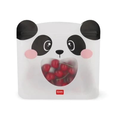 Imagen de Legami Juego de 3 bolsas para alimentos, tamaños diferentes, S, M, L, resellables, reutilizables, lavables en lavavajillas, snacks prácticos, panda