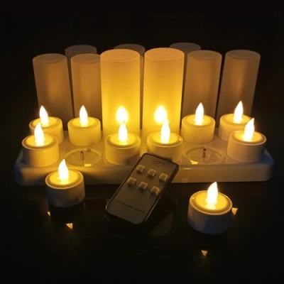 Imagen de QSPORTPEAK velas LED con mando a distancia, 12 piezas sin llama luces de té, parpadeo como reales, recargables estación carga, traje Navidad, fiesta, boda, amarillo