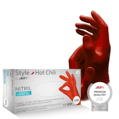 Imagen de AMPri Med Comfort: guantes de nitrilo desechables, 100 unidades, talla M, sin talco, estilo chile caliente desechables en tallas XS, S, L, XL