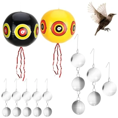 Imagen de com four® Juego Repelente de pájaros 58 Piezas 2 Globos con componentes Campanilla Viento Espantapájaros Reflectante contra Cuervos, Cuervos (58 Globo/Carillón Viento)