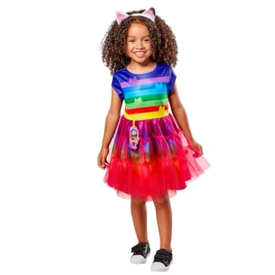 Imagen de Rubies Disfraz Gabbys Dollhouse Rainbow para niñas, Vestido arco iris con detalles impresos y diadema orejas, Oficial Gabby Carnaval, Navidad, Cumpleaños, XXS (3 5 años)