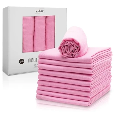 Imagen de ZOLLNER 5 muselinas para bebé, 80x80 cm, Suave algodón 100%, Rosa, con Caja