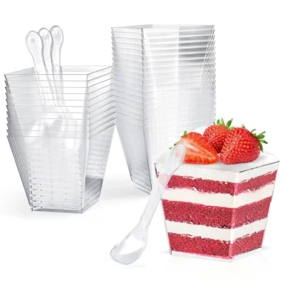 Imagen de CoKeeSun 30 Piezas 200ml/7oz Vasitos para Postres con Cucharas, Tazas de Postre Plástico Reutilizables, Cuencos Transparentes, Aperitivos Plastico Pudín Mousse Helado