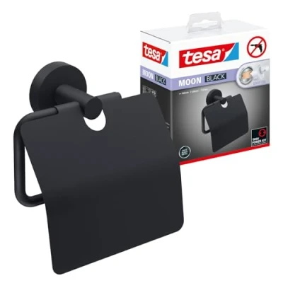 Imagen de tesa Portarrollos con Tapa para Papel Higiénico Moon Black Portarrollo de Negro Mate Baños Incluye Solución Adhesiva Montaje 53 mm x 140 128