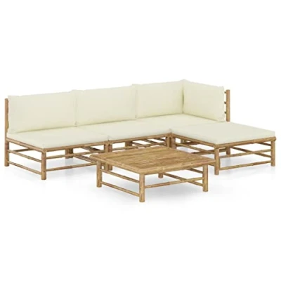 Imagen de vidaXL Set de Muebles Jardín 5 Piezas Mobiliario Hogar Terraza Exterior Cocina Mesa Silla Asiento Suave con Respaldo Bambú y Cojines Blanco Crema