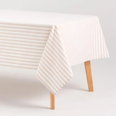 Imagen de GAMUSI Mantel Antimanchas Rectangular Tela algodón Impermeable Rayas Beige, 140x200 cm
