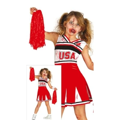 Imagen de FIESTAS GUIRCA Go USA Disfraz de Animadora Zombi para Niña Uniforme Secundaria Rojo y Blanco Sangriento Disfraces Halloween niñas 7 a 9 años.