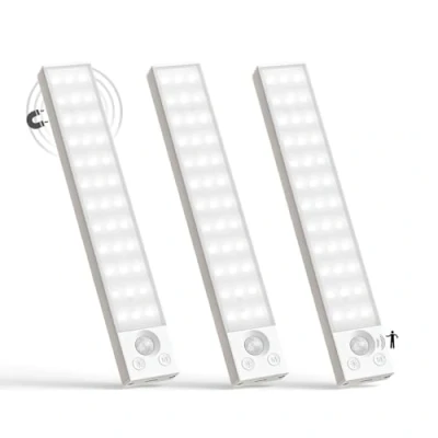 Imagen de LQWELL® Lámpara de Armario con 36 LEDs, Sensor Movimiento Inalámbrico, 22,5 cm, 1500 mAh, Recargable, Regulable, Para cocina, Armario, Estantería, Dormitorio (Blanco, 3 piezas)