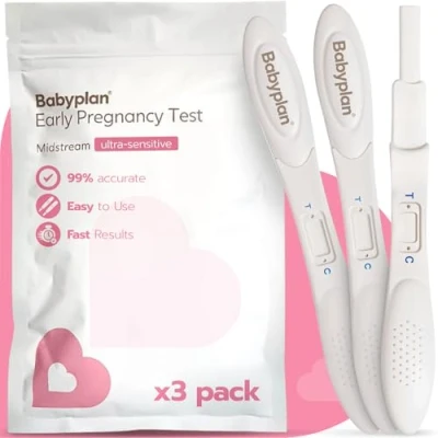 Imagen de Babyplan 3 Test de embarazo Detección Precoz, (Gran sensibilidad 10mIU) (HCG), en formato Termómetro, higiénicos para planear el (precisión 99,9%), Largos y fáciles usar