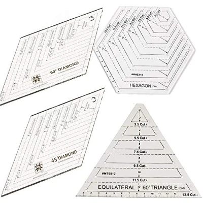 Imagen de ANCLLO 4 reglas de acolchado, con triángulo 60 grados y diamante, diamante 45 grados, plantillas forma hexagonal, regla costura transparente, herramientas bricolaje