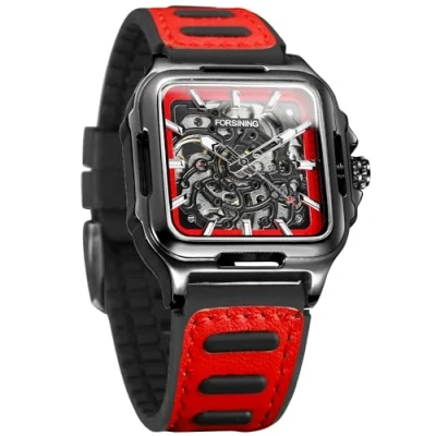 Imagen de FORSINING Reloj de pulsera para hombre, resistente al agua, elegante, automático, Steampunk, correa silicona, cuadrado luminoso, 4 rojo