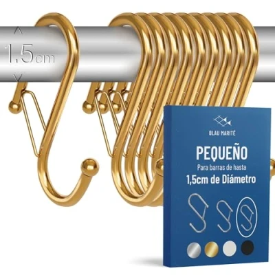 Imagen de Blau Marité 10 Ganchos en Forma de S con Sistema Anticaída. Largo: 6,5 cm. para Barras hasta 1,5cm diametro. Ayuda la organización y almacenaje del hogar. (Pequeño, Dorado)