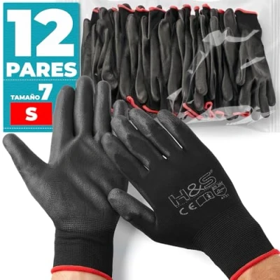 Imagen de 12 pares de guantes trabajo ISC H&amp;S, nylon, revestimiento PU; en tallas S pequeña (7), media M (8), L grande (9), XL x (10), XXL (11); sin costuras, versátil, negro, (7)