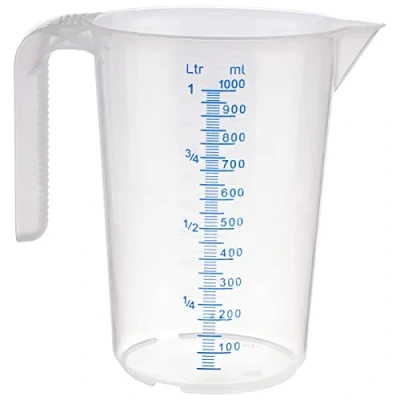 Imagen de APS Taza medidora de 1 litro, diámetro 12 x altura: 16,5 cm, vaso plástico con escala exterior en relieve, mango abierto, división L/ml, apto para lavavajillas