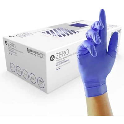 Imagen de UNIGLOVES Advanced Zero GM0054 Guantes de examen nitrilo, sin acelerador, multiusos, polvo, zinc, azufre y látex, caja 100 pares, azul, grande